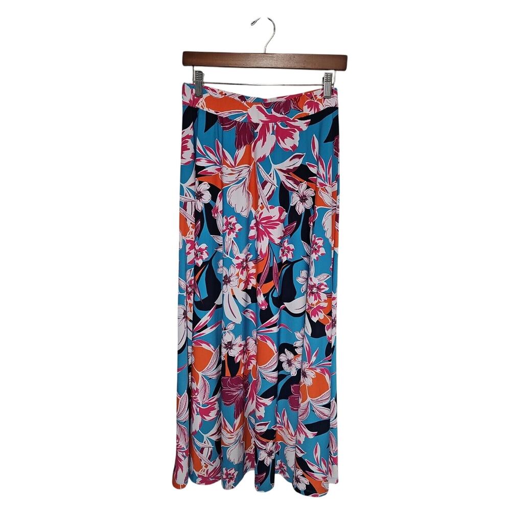Roamans Womens Maxi Skirt Size 12S Tropical Floral Beachy Vacation Blue Pink